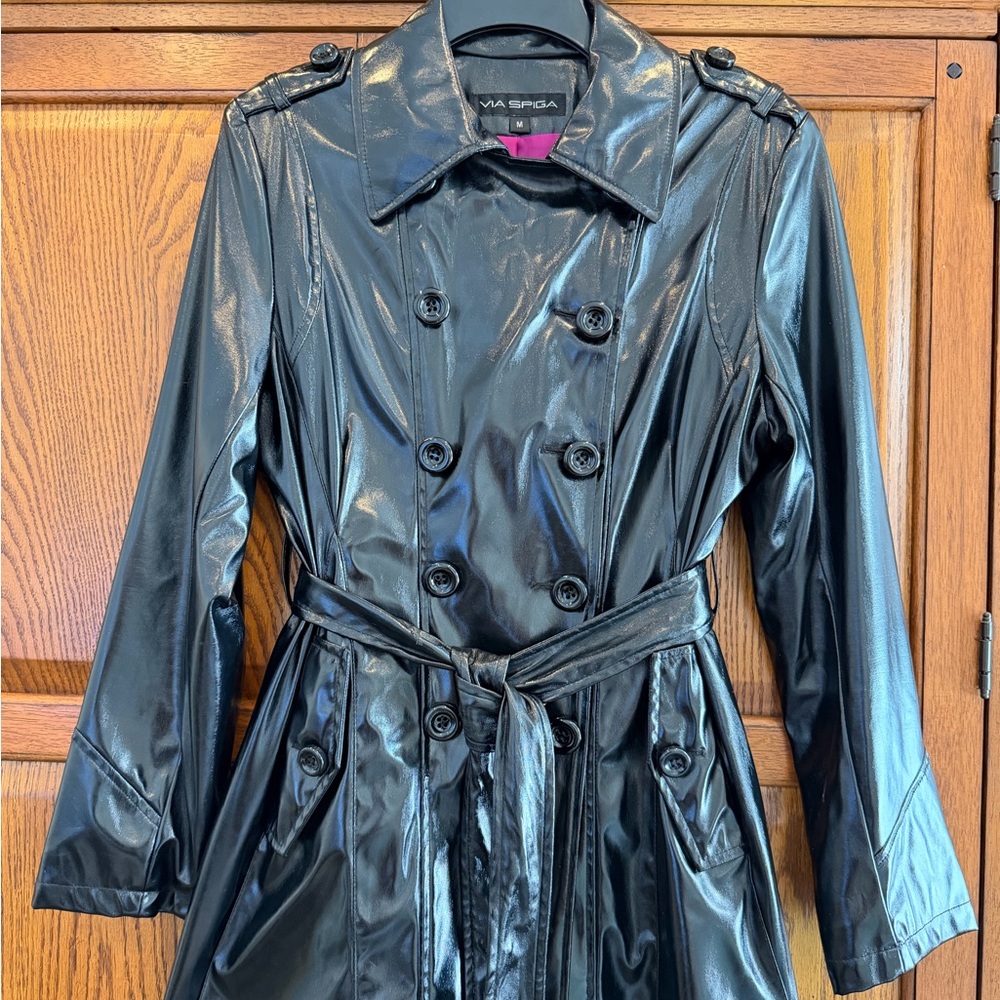 Via Spiga Black Patent Look Double Breasted Trench Coat - Size M